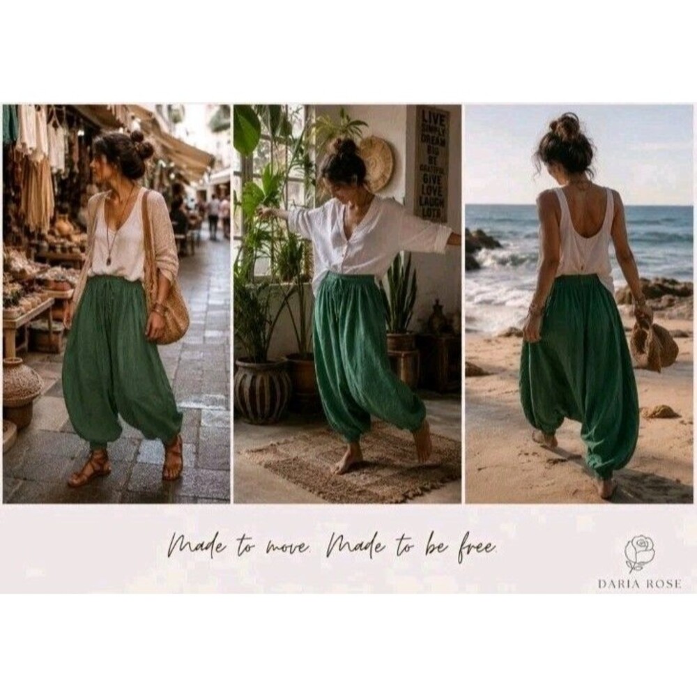 Sarjana Green Harem Pants Cotton Boho Festival Yoga Lounge Made in India O/S